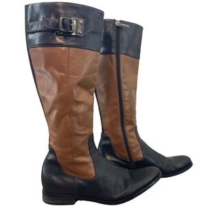 AQUATALIA Women's Black Tan Leather Knee High Riding Boots 6.5 Equestrian Zip